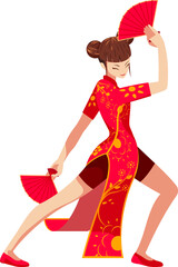 Chinese Girl in a Red Traditional Chinese Dress Holding a Folding Fan with a Kung Fu and Elegant Pose Type 2
