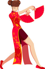Chinese Girl in a Red Traditional Chinese Dress Holding a Folding Fan with a Kung Fu and Elegant Pose Type 3