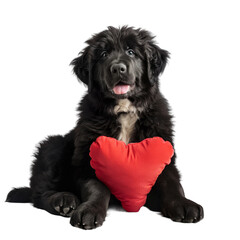 Black Dog Holding Red Heart Pillow