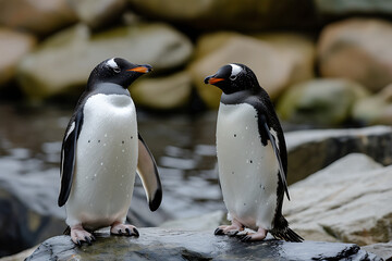 two penguins are standing on rocks in the style of ni 62797c0e-8ea6-470e-bae4-4e91835714b5 1