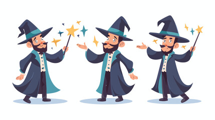Cartoon magician holding magic wand Flat vector 