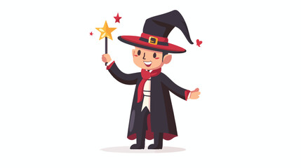 Cartoon magician holding magic wand Flat vector 