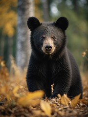 portrait of a baby black bear on outdoor park in city at autumn with trees on background looking at camera from Generative AI