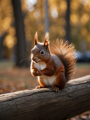 portrait of american red squirrel on outdoor park in city at autumn with trees on background looking at camera from Generative AI