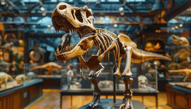 A skeleton of a dinosaur is on display in a museum by AI generated image