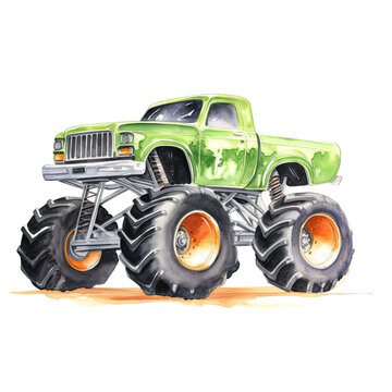 recommend clip art: AI-generated watercolor green Monster truck clip art illustration. Isolated elements on a white background.	