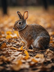 Naklejka na ściany i meble portrait of eastern cottontail rabbit on outdoor park in city at autumn with trees on background looking at camera from Generative AI