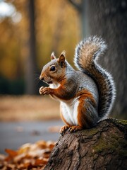 Fototapeta premium portrait of eastern gray squirrel on outdoor park in city at autumn with trees on background looking at camera from Generative AI