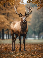 Naklejka na ściany i meble portrait of elk on outdoor park in city at autumn with trees on background looking at camera from Generative AI