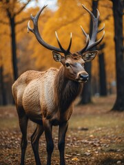 Obraz premium portrait of elk on outdoor park in city at autumn with trees on background looking at camera from Generative AI