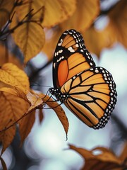 portrait of monarch butterfly on outdoor park in city at autumn with trees on background looking at camera from Generative AI