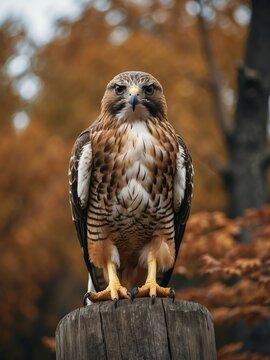 portrait of redtailed hawk bird on outdoor park in city at autumn with trees on background looking at camera from Generative AI