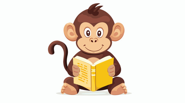 Cute monkey reading book Flat vector isolated on white