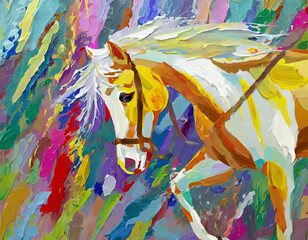 Anime oil painting. Paint spots, paint strokes, knife art, paintings, murals, art walls. Abstract art painting, gold, horse. Wall art.