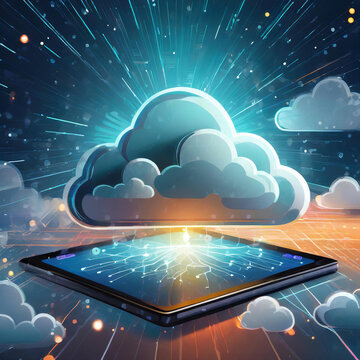 Cloud background design on an electronic pad, surrounded by light, depicting a storage technology online cloud for sharing files concept