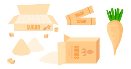Bio sugar cartoon vector illustration. Set of sugar beet isolated on white background. Granulated sugar. 
