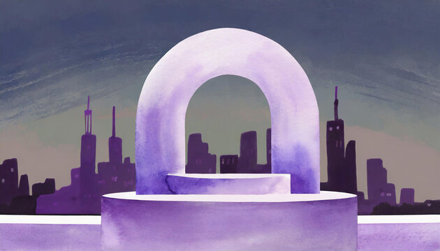 Empty product podium with lavender lilac arch matte paint whimsical set against a twilight cityscape
