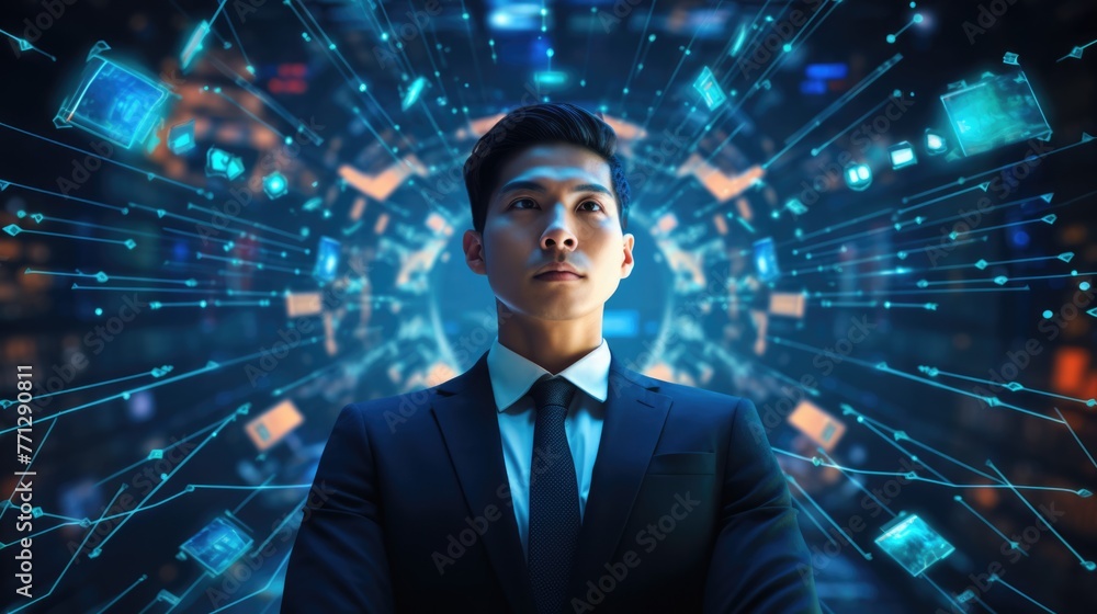 Poster tech analyst study cyber data chart from corporate system for statistical analytic defining marketin