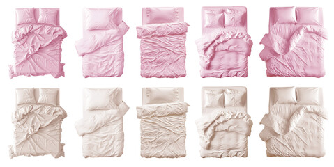 2 Collection set of pastel light pink beige blank blanket, pillows, comforter duvet bedding double king queen single bed top view on transparent cutout, PNG file. Many design. Mockup template - obrazy, fototapety, plakaty