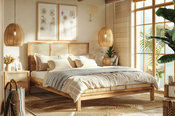 Interior Bedroom with woven wooden furniture decoration, cozy minimal and modern room style, beige bed with blanket and pillows.
