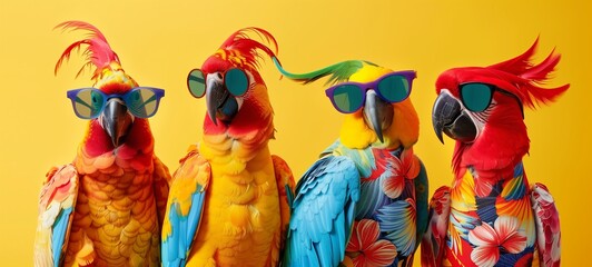 Parrot fashion parade. A group of vibrantly colored parrots wearing trendy sunglasses, each exhibiting a unique style against a sunny yellow background, perfect for a playful and exotic theme. - obrazy, fototapety, plakaty