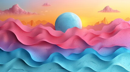 Fototapeta premium Abstract colorful spheres on wavy landscape. Vibrant and surreal landscape with colorful orbs floating above wavy layers, a scene that combines fantasy and serenity in a modern style