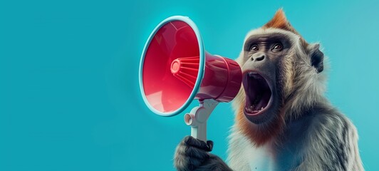 Concept illustration of a baboon with an open mouth, yelling into a red megaphone. The artwork is set against a cool blue background, emphasizing the action of communication or announcement. - obrazy, fototapety, plakaty