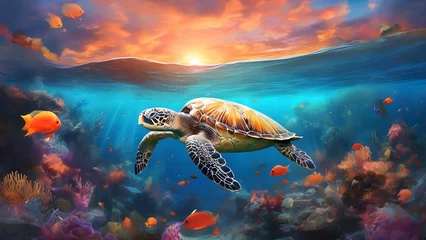 Fotobehang turtle swimming in the sea :Captivating Underwater Photography: Turtle in its Natural Habitat © Upul