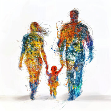 3d rendered photos of a colorful sketch of a mother and father and a children in the middle They’re holding the child’s hand white background made with generative AI