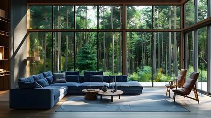 Blue sofa and lounge chairs in spacious room. Minimalist home interior design of modern living room in cottage in forest.