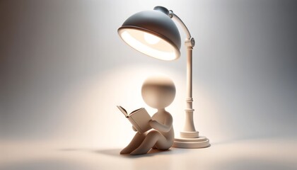 Minimalist Character Reads Under Giant Lamp in 3D Render