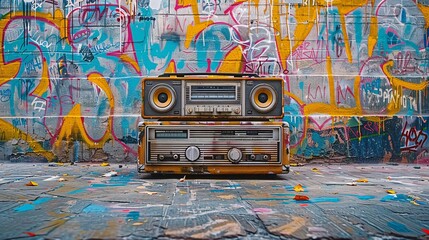 a boombox radio cassette tape recorder set against a vibrant graffiti wall art backdrop, capturing...