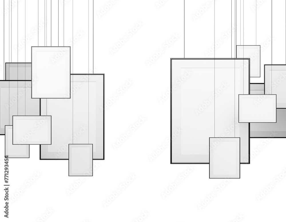 Poster a collage of white blank frames of various sizes overlapped, in a clean graphic style on a transpare