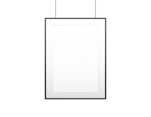 A hanging picture frame with a white blank space, realistic graphic style on a clean white background, illustrating a concept of design template