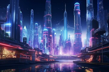 A futuristic cityscape with towering skyscrapers, neon lights, and flying cars - obrazy, fototapety, plakaty