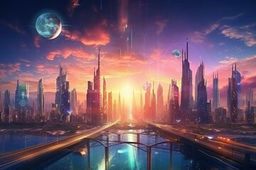 A futuristic scene of a city skyline illuminated by a colorful sunset, with flying cars, robots and other advanced technology