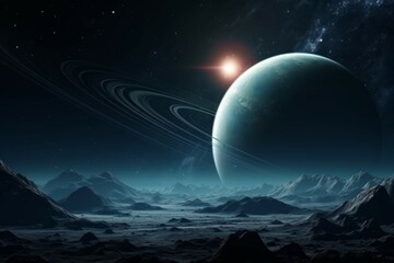 A shot of a distant planet, with its rings and moons illuminated by a distant star - obrazy, fototapety, plakaty