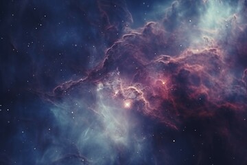 A closeup shot of a mysterious, glowing and colourful nebula in space