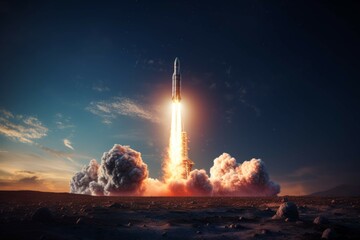 A photo of a rocket taking off, with the stars and galaxies visible in the background