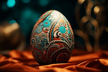 A close-up of a decorated Easter egg with colorful patterns and glittery accents