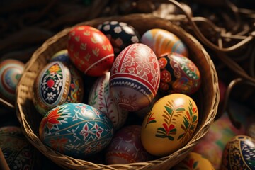 A basket of brightly colored Easter eggs with a variety of shapes and sizes