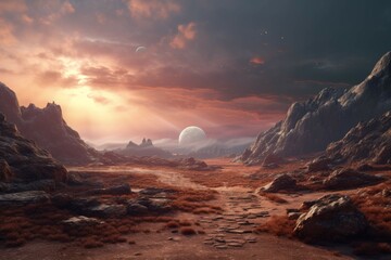 Naklejka premium A desolate, yet futuristic landscape with a winding, illuminated path through a rocky terrain and a distant, star-filled sky in the background