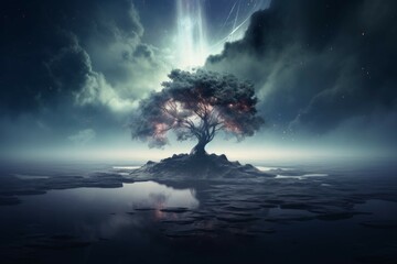 A surreal and mysterious desktop wallpaper featuring an abstract landscape with a magical tree and a mysterious fog in the background