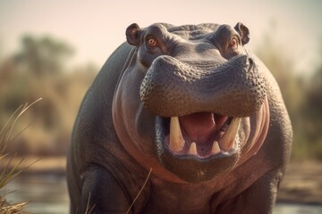 A close up of a hippopotamus's face, with its mouth open and its eyes looking directly at the camera - obrazy, fototapety, plakaty