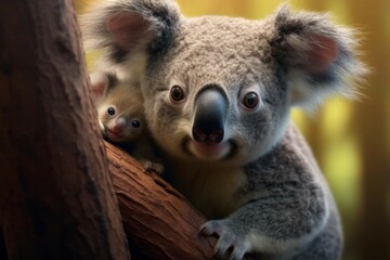 Obraz premium A baby koala bear clinging to its mother's back