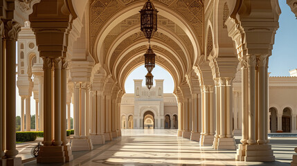 corridor adorned with intricately designed arches, elegant columns, and hanging lanterns