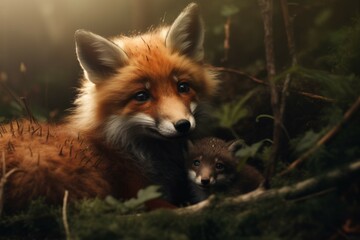 A baby fox snuggling up against its mother in a forest