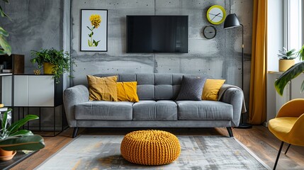 a modern loft living room interior featuring a tufted grey sofa adorned with yellow pillows and a plaid throw, positioned near a sleek TV unit against a concrete wall