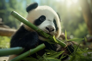 A baby panda bear eating a bamboo shoot, its little paws reaching out for more