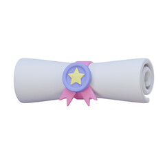 3D render of a diploma scroll icon with pastel colors, ideal for illustrations of education concepts, transparent backgrounds.